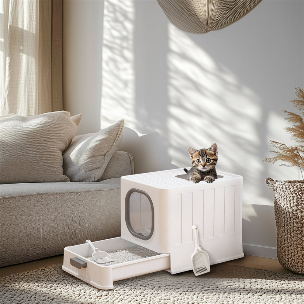 Cat Litter Box Detachable Top Front Entry Litter Box with Portable Scoop Drawer