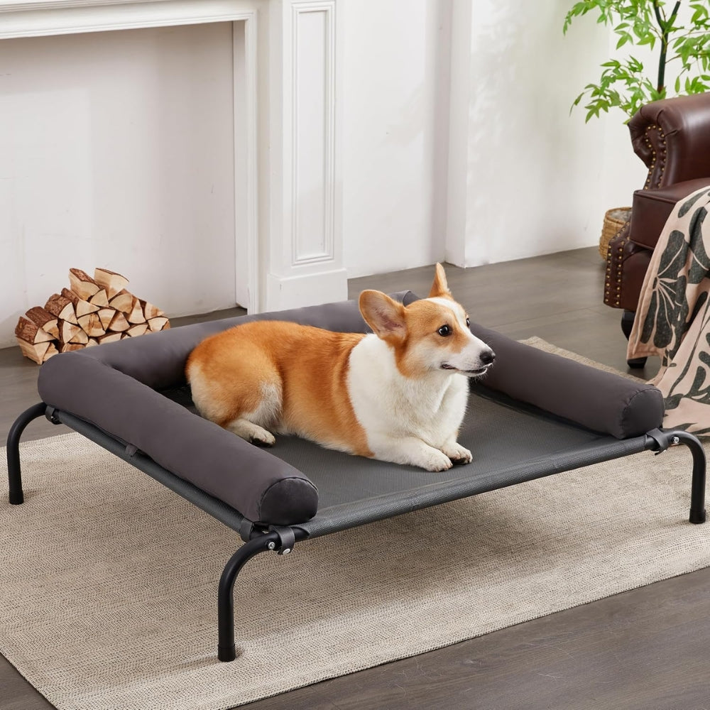 Elevated Dog Bed with Detachable Plush Bolster Cooling Raised Dogs Pet Bed