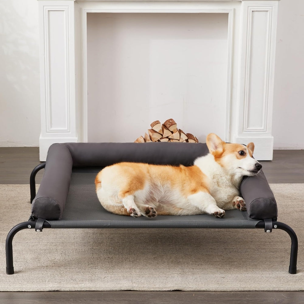 Elevated Dog Bed with Detachable Plush Bolster Cooling Raised Dogs Pet Bed