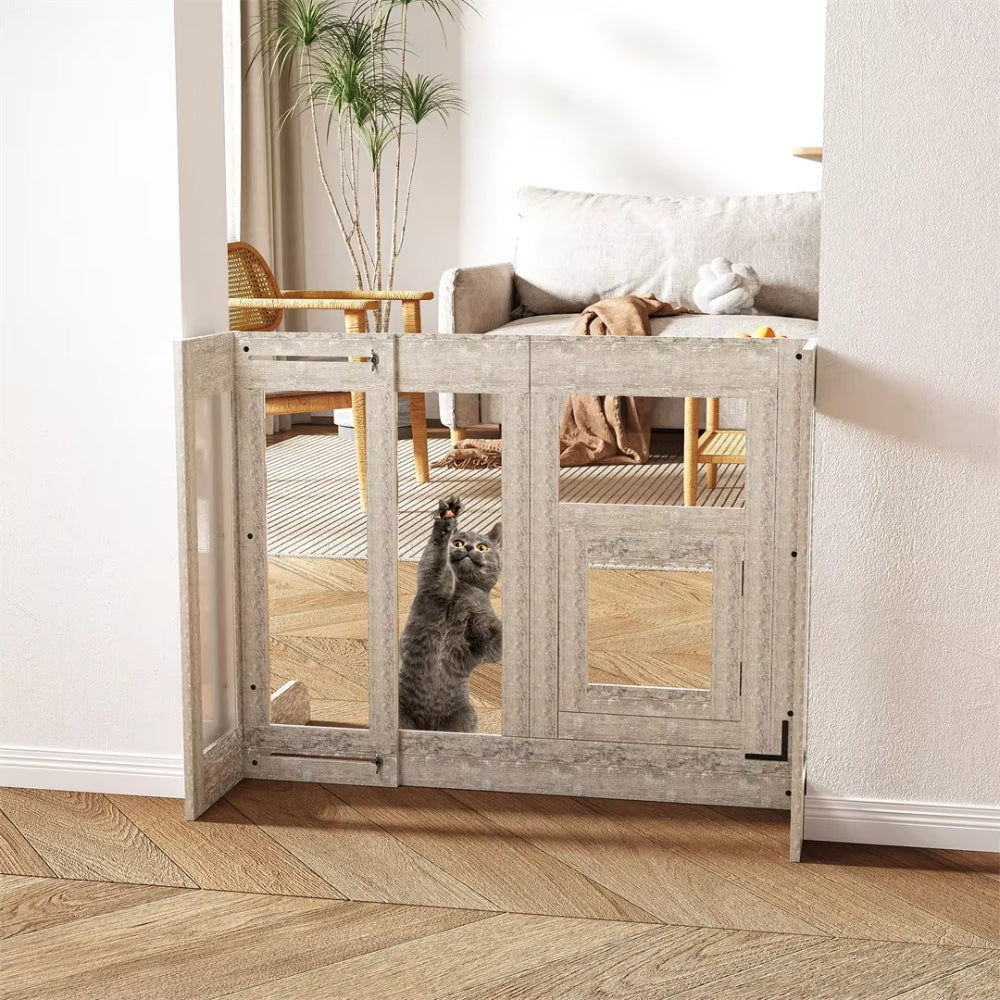 Pet Door Gate Tall Retractable Walk Through Tempered Glass Dog Safety Gate