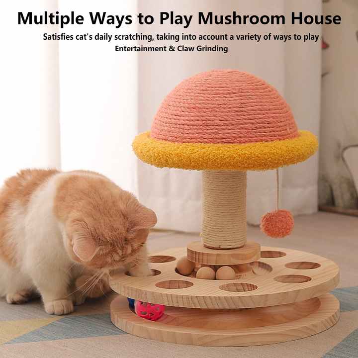 Small Pink Interactive Cat Scratching Post with Ball Track - Fun Mushroom-Shaped Cat Toy for Play, Scratching, and Entertainment