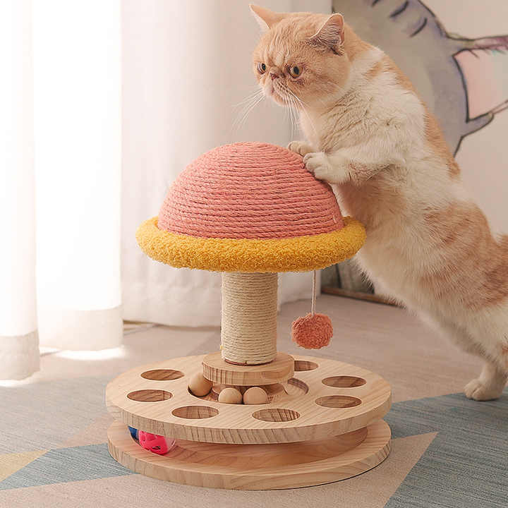 Small Pink Interactive Cat Scratching Post with Ball Track - Fun Mushroom-Shaped Cat Toy for Play, Scratching, and Entertainment