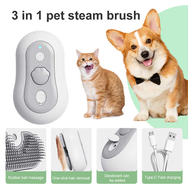 2 Pcs Grey and White 3-in-1 Pet Grooming Steam Brush – Silent, Heated Brush for Fur Removal and Odor Elimination